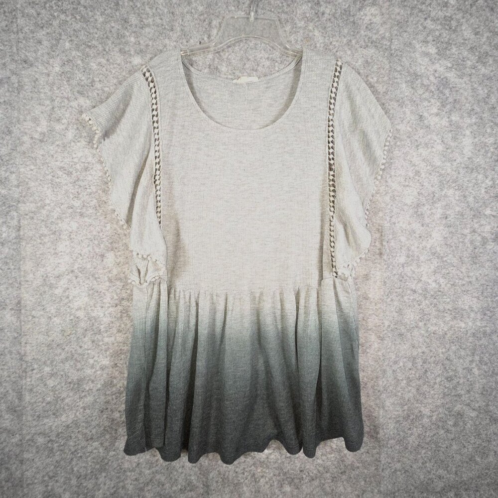Mystree Women's Pullover Top ombre Gray waffle knit short Size L casual boho